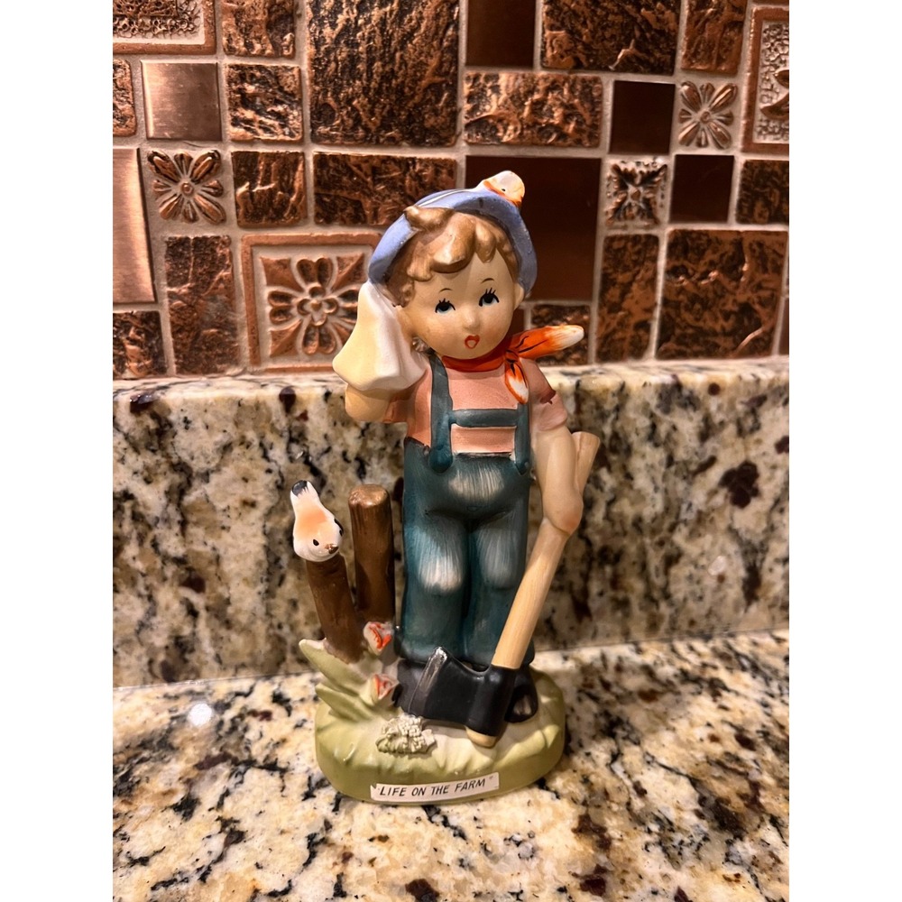 Vintage ERICH STAUFFER Figurine Life on The Farm # U8541 Boy‎ With Bird & shovel